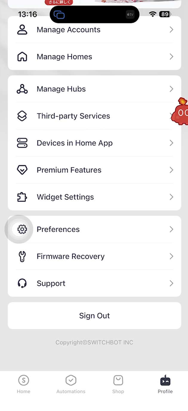 Profile → Preferences