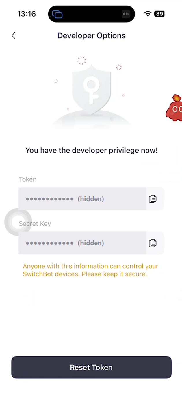 Developer Options の画面(Token と Secret Key は隠しています)